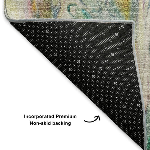 5' X 8' Green Gold And Teal Abstract Washable Area Rug With UV Protection