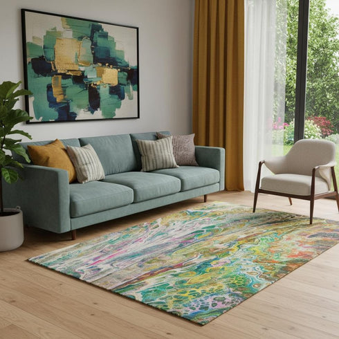 5' X 8' Green Gold And Teal Abstract Washable Area Rug With UV Protection