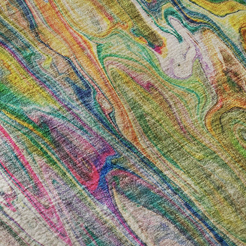 5' X 8' Green Gold And Teal Abstract Washable Area Rug With UV Protection