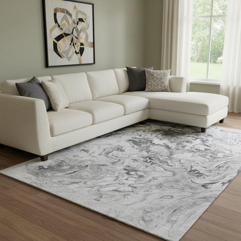 8' X 10' Gray And Ivory Abstract Washable Area Rug With UV Protection