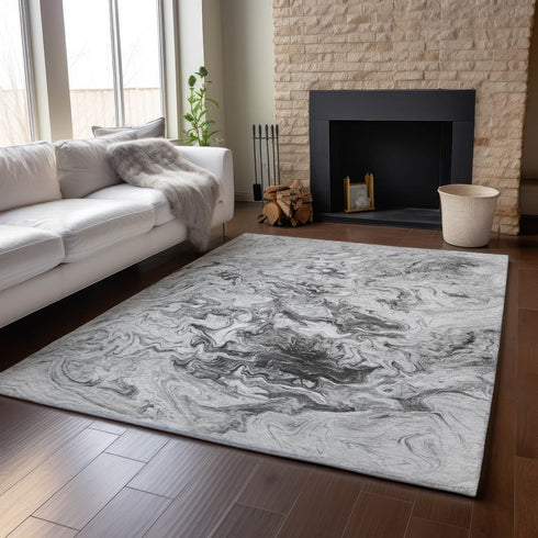 8' X 10' Gray And Ivory Abstract Washable Area Rug With UV Protection