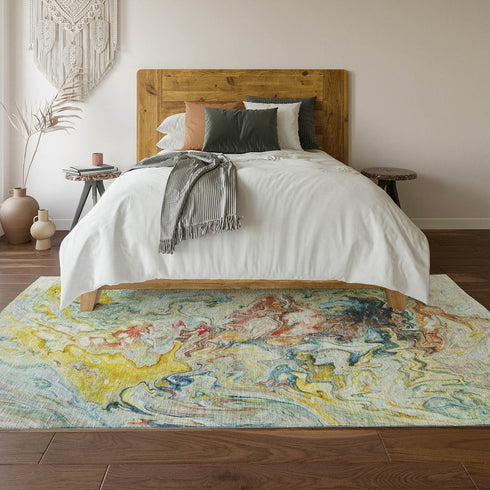 8' X 10' Ivory Yellow And Blue Abstract Washable Area Rug With UV Protection