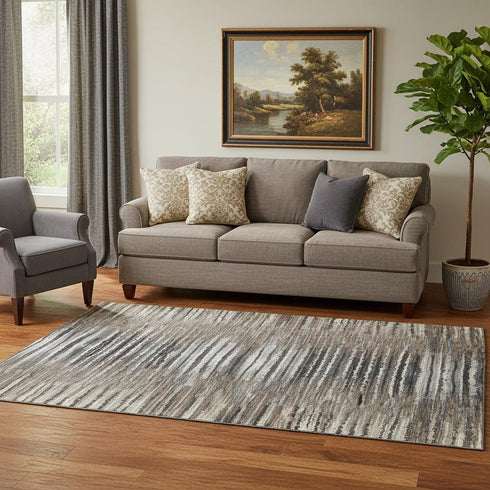 5' X 8' Brown Gray And Ivory Striped Washable Area Rug With UV Protection