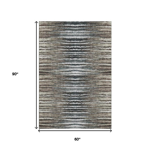 5' X 8' Brown Gray And Ivory Striped Washable Area Rug With UV Protection