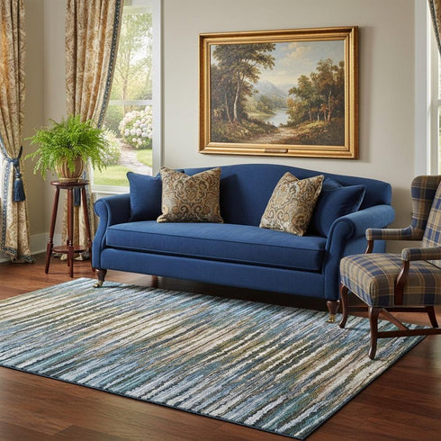 5' X 8' Blue Brown And Gray Striped Washable Area Rug With UV Protection