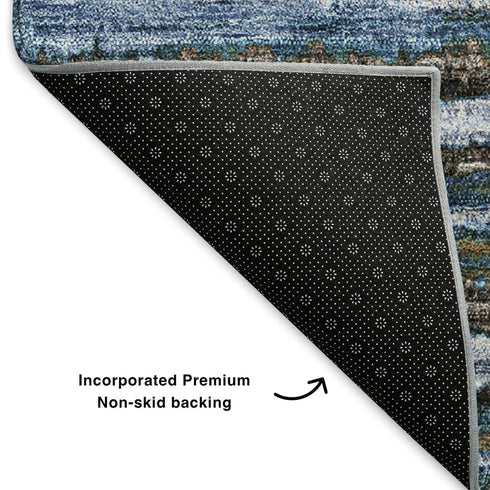 5' X 8' Blue Brown And Gray Striped Washable Area Rug With UV Protection