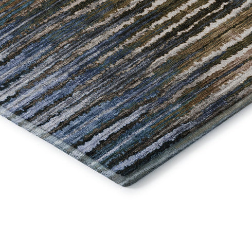 5' X 8' Blue Brown And Gray Striped Washable Area Rug With UV Protection