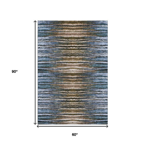 5' X 8' Blue Brown And Gray Striped Washable Area Rug With UV Protection