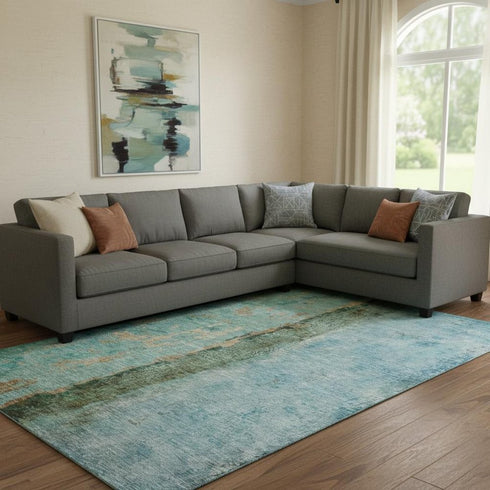 8' X 10' Blue Gold And Green Abstract Washable Area Rug With UV Protection