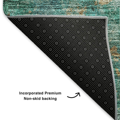 9' X 12' Blue Gold And Green Abstract Washable Area Rug With UV Protection