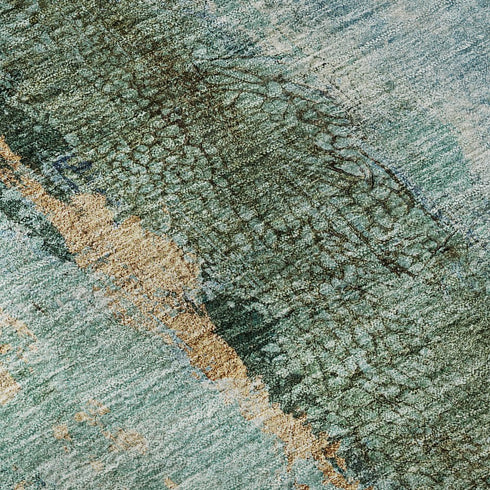 9' X 12' Blue Gold And Green Abstract Washable Area Rug With UV Protection