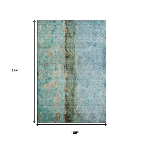 9' X 12' Blue Gold And Green Abstract Washable Area Rug With UV Protection