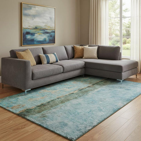 9' X 12' Blue Gold And Green Abstract Washable Area Rug With UV Protection