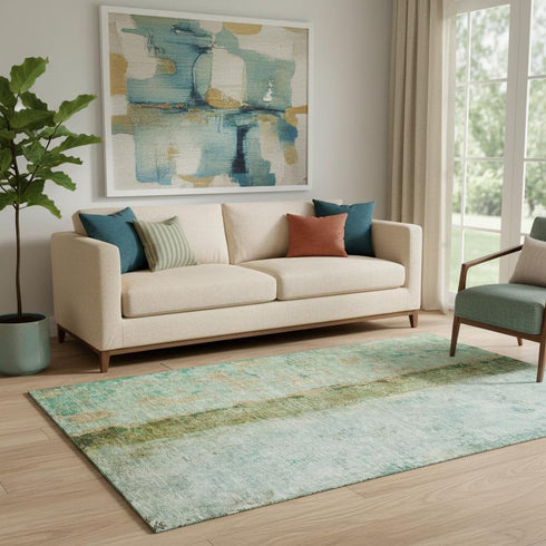 5' X 8' Green Blue And Gold Abstract Washable Area Rug With UV Protection