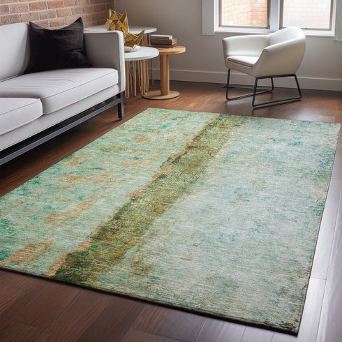 9' X 12' Green Blue And Gold Abstract Washable Area Rug With UV Protection