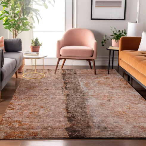 8' X 10' Chili Red Brown And Ivory Abstract Washable Area Rug With UV Protection