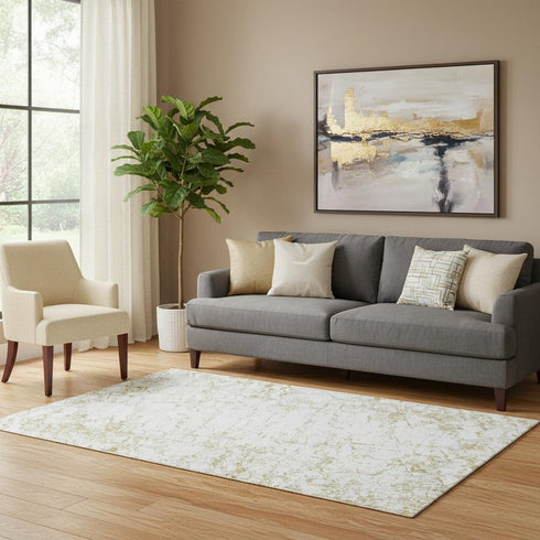 5' X 8' Gold And Ivory Abstract Washable Area Rug With UV Protection