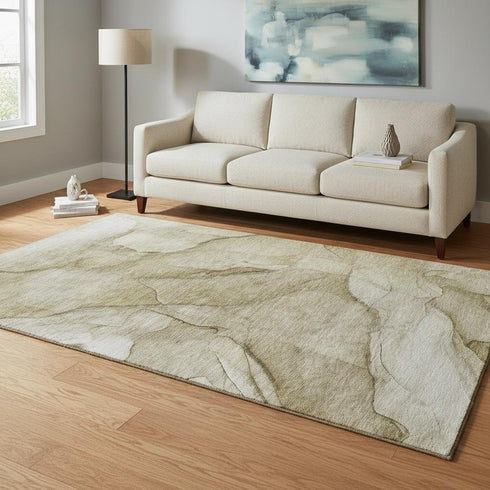 5' X 8' Brown Ivory And Beige Abstract Washable Area Rug With UV Protection