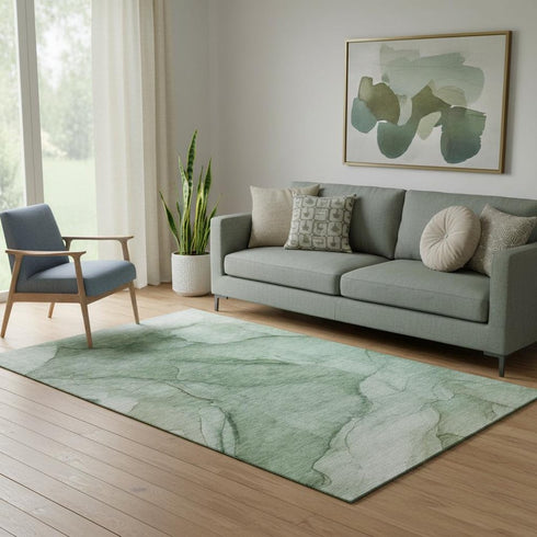 5' X 8' Green And Ivory Abstract Washable Area Rug With UV Protection