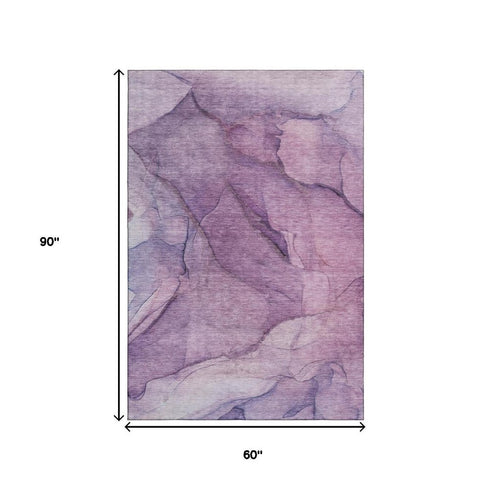 5' X 8' Purple And Ivory Abstract Washable Area Rug With UV Protection
