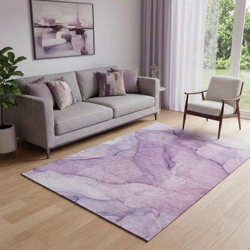 5' X 8' Purple And Ivory Abstract Washable Area Rug With UV Protection
