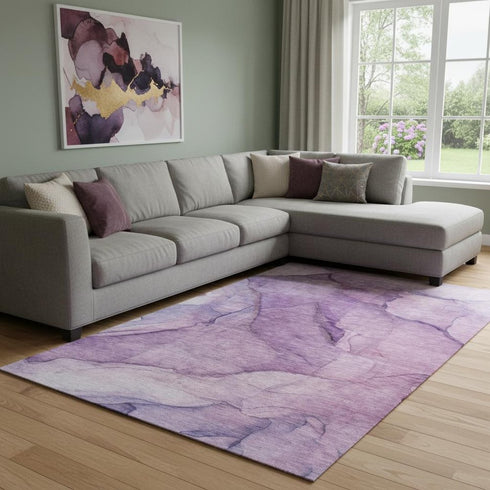 8' X 10' Purple And Ivory Abstract Washable Area Rug With UV Protection