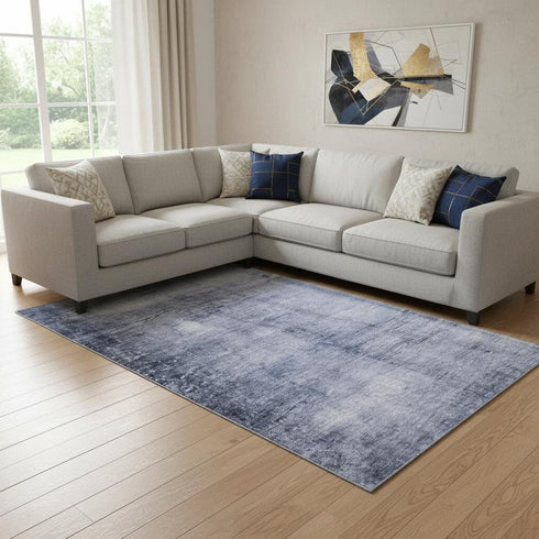 8' X 10' Navy Blue And Ivory Abstract Washable Area Rug With UV Protection