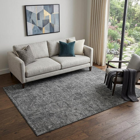 9' X 12' Charcoal And Silver Floral Washable Area Rug With UV Protection