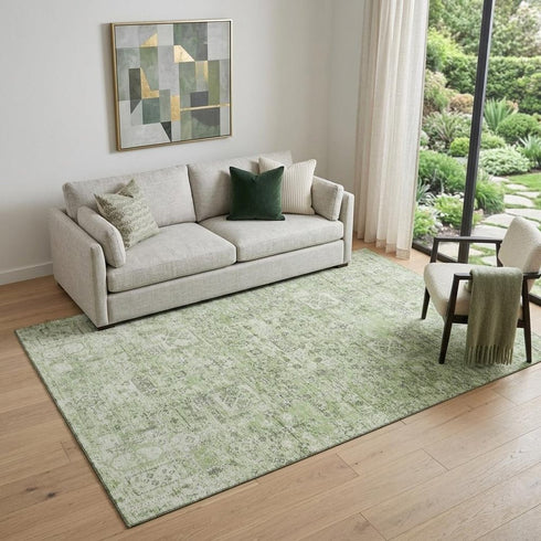 9' X 12' Green And Ivory Floral Washable Area Rug With UV Protection