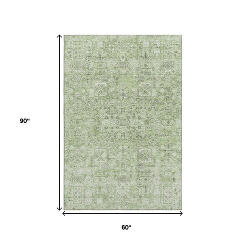 9' X 12' Green And Ivory Floral Washable Area Rug With UV Protection