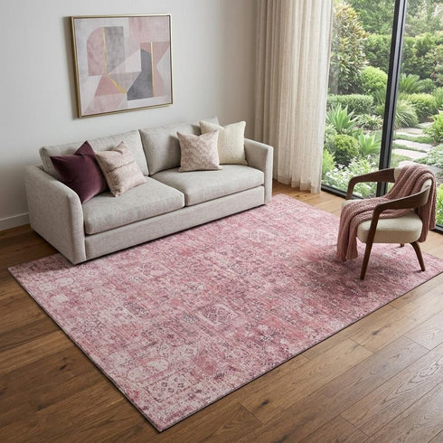 9' X 12' Pink And Ivory Floral Washable Area Rug With UV Protection