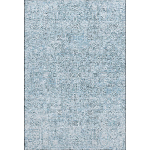 9' X 12' Sky Blue And Ivory Floral Washable Area Rug With UV Protection
