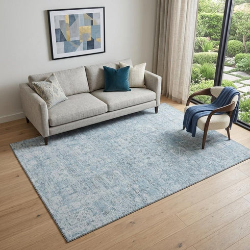 9' X 12' Sky Blue And Ivory Floral Washable Area Rug With UV Protection