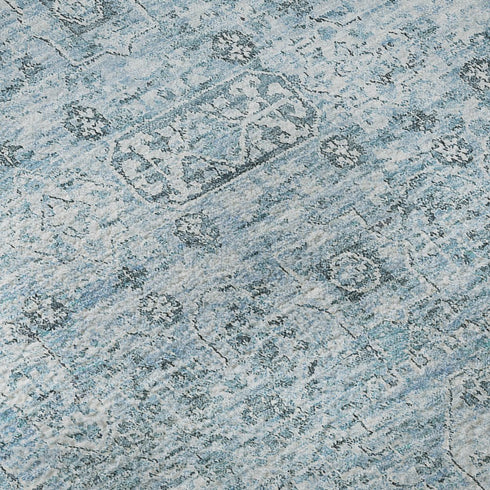9' X 12' Sky Blue And Ivory Floral Washable Area Rug With UV Protection