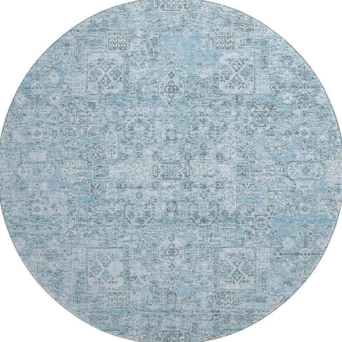9' X 12' Sky Blue And Ivory Floral Washable Area Rug With UV Protection