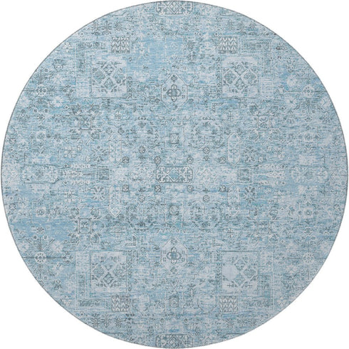 9' X 12' Sky Blue And Ivory Floral Washable Area Rug With UV Protection