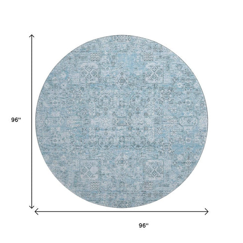 9' X 12' Sky Blue And Ivory Floral Washable Area Rug With UV Protection