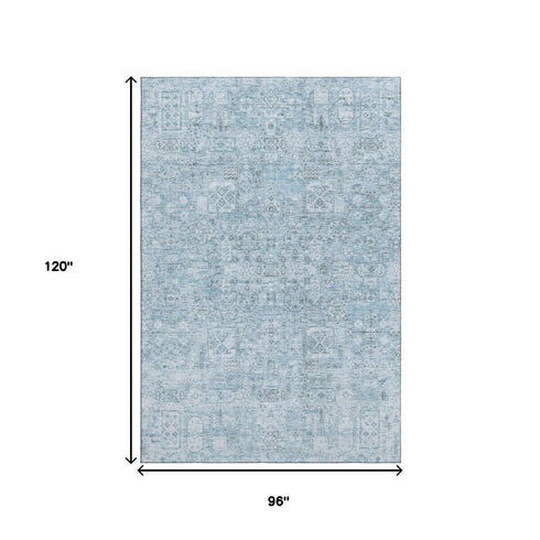9' X 12' Sky Blue And Ivory Floral Washable Area Rug With UV Protection