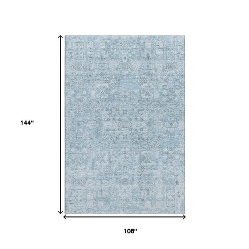 9' X 12' Sky Blue And Ivory Floral Washable Area Rug With UV Protection