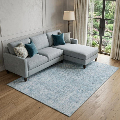 9' X 12' Sky Blue And Ivory Floral Washable Area Rug With UV Protection
