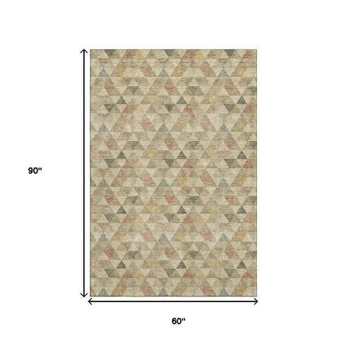 5' X 8' Beige Red And Salmon Geometric Washable Area Rug With UV Protection