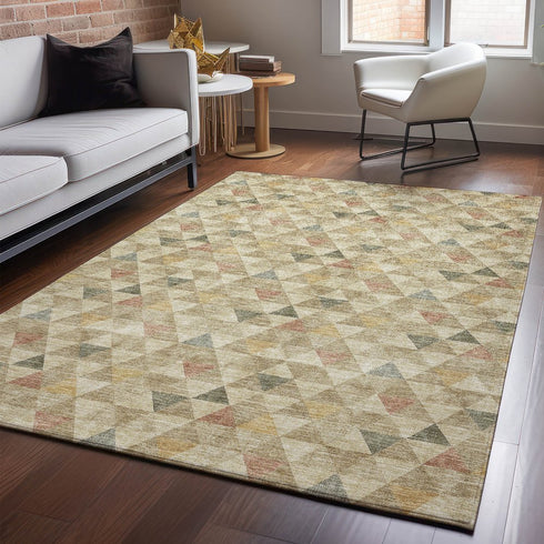 9' X 12' Beige Red And Salmon Geometric Washable Area Rug With UV Protection