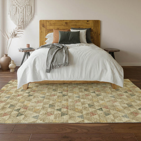 9' X 12' Beige Red And Salmon Geometric Washable Area Rug With UV Protection