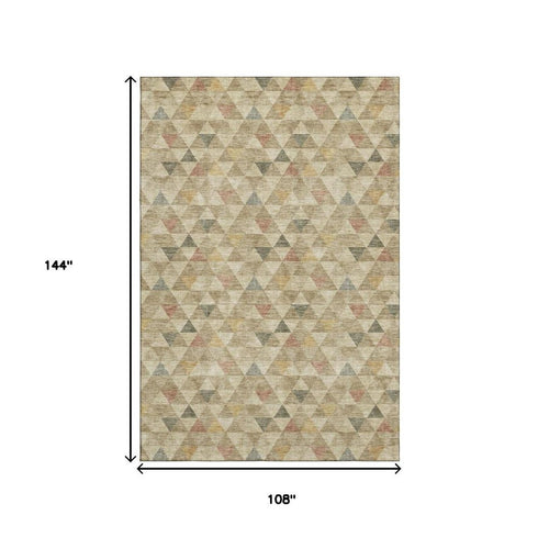 9' X 12' Beige Red And Salmon Geometric Washable Area Rug With UV Protection