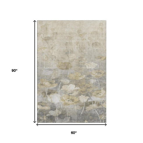 5' X 8' Beige Gray And Ivory Floral Washable Area Rug With UV Protection