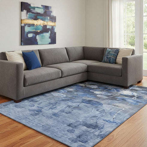 8' X 10' Blue Ivory And Gray Floral Washable Area Rug With UV Protection