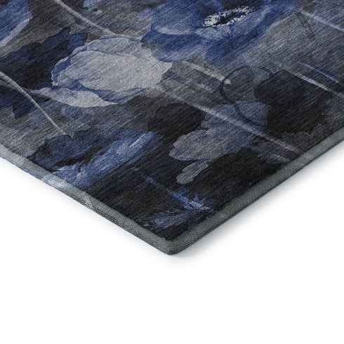 8' X 10' Blue Ivory And Gray Floral Washable Area Rug With UV Protection