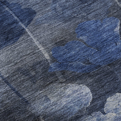 8' X 10' Blue Ivory And Gray Floral Washable Area Rug With UV Protection
