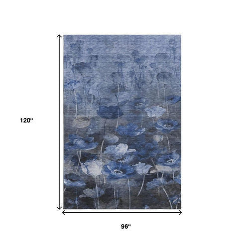 8' X 10' Blue Ivory And Gray Floral Washable Area Rug With UV Protection