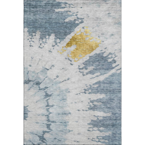5' X 8' Blue Gold And Ivory Abstract Washable Area Rug With UV Protection